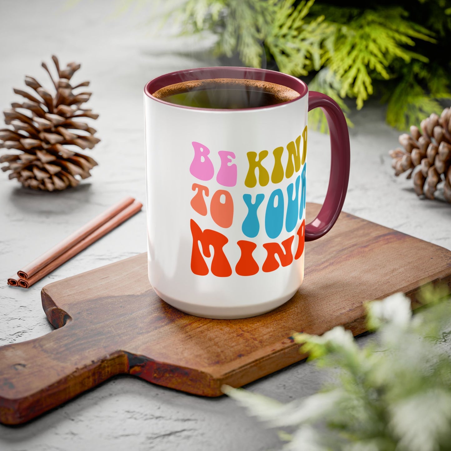 Be Kind To Your Mind Accent Mug – Retro Rainbow Letters | 11oz 15oz Multiple colors
