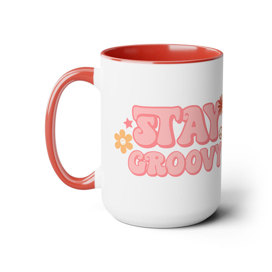Stay Groovy Coffee Mug 15oz - 70s Inspired, Pastel Pink, Swirly Font - Boost Your Mood with this Free-Spirit, Funkadelic Beverage