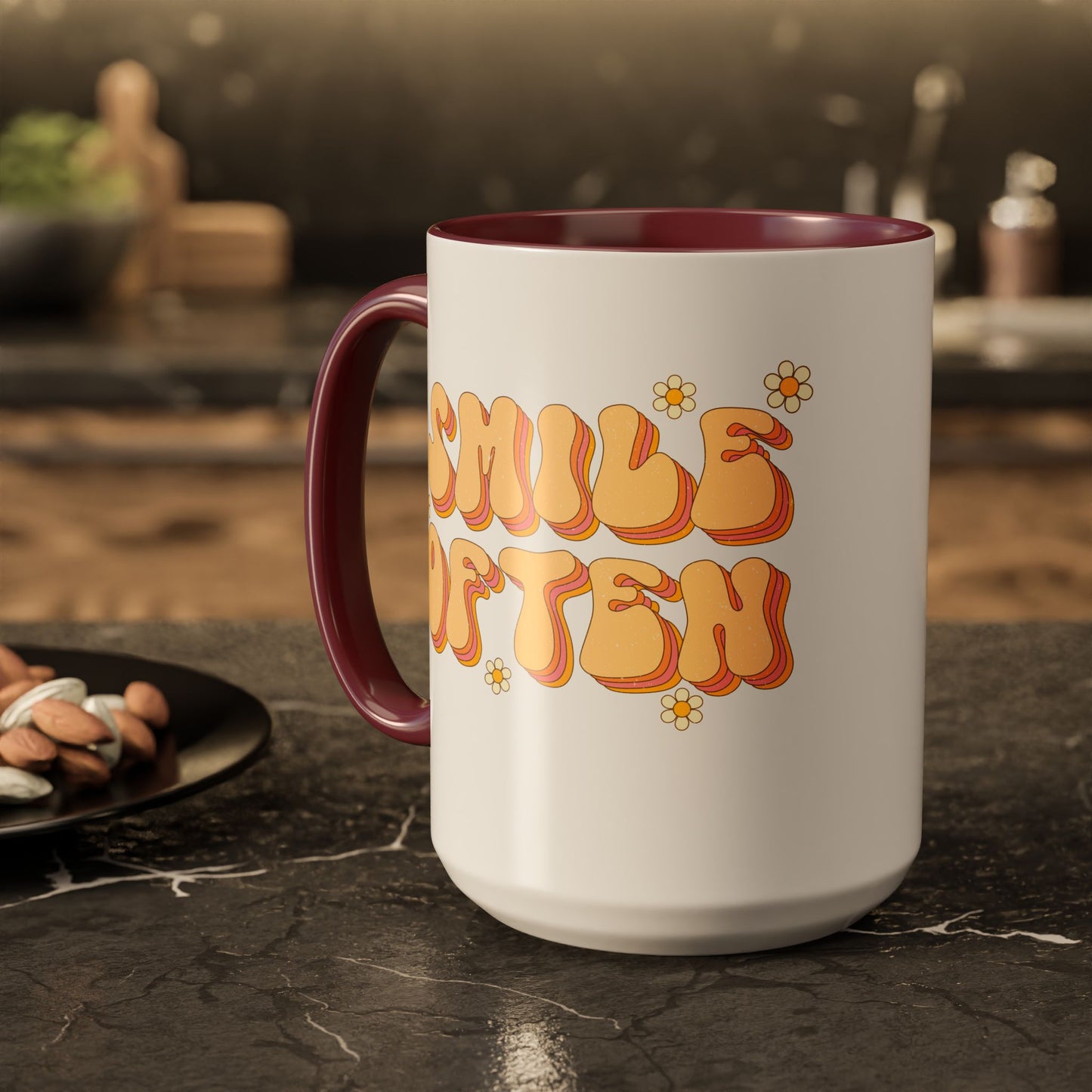 Smile Often Accent Mug – Retro Daisy Letters | 11oz 15oz colored Handle