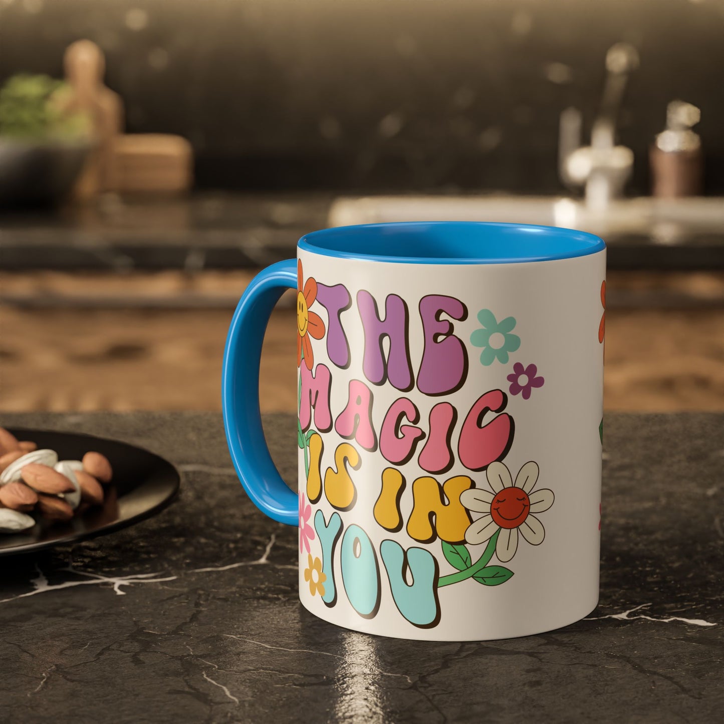 The Magic Is In You Accent Mug – Retro Flower Lettering | 11oz 15oz Colored Handle