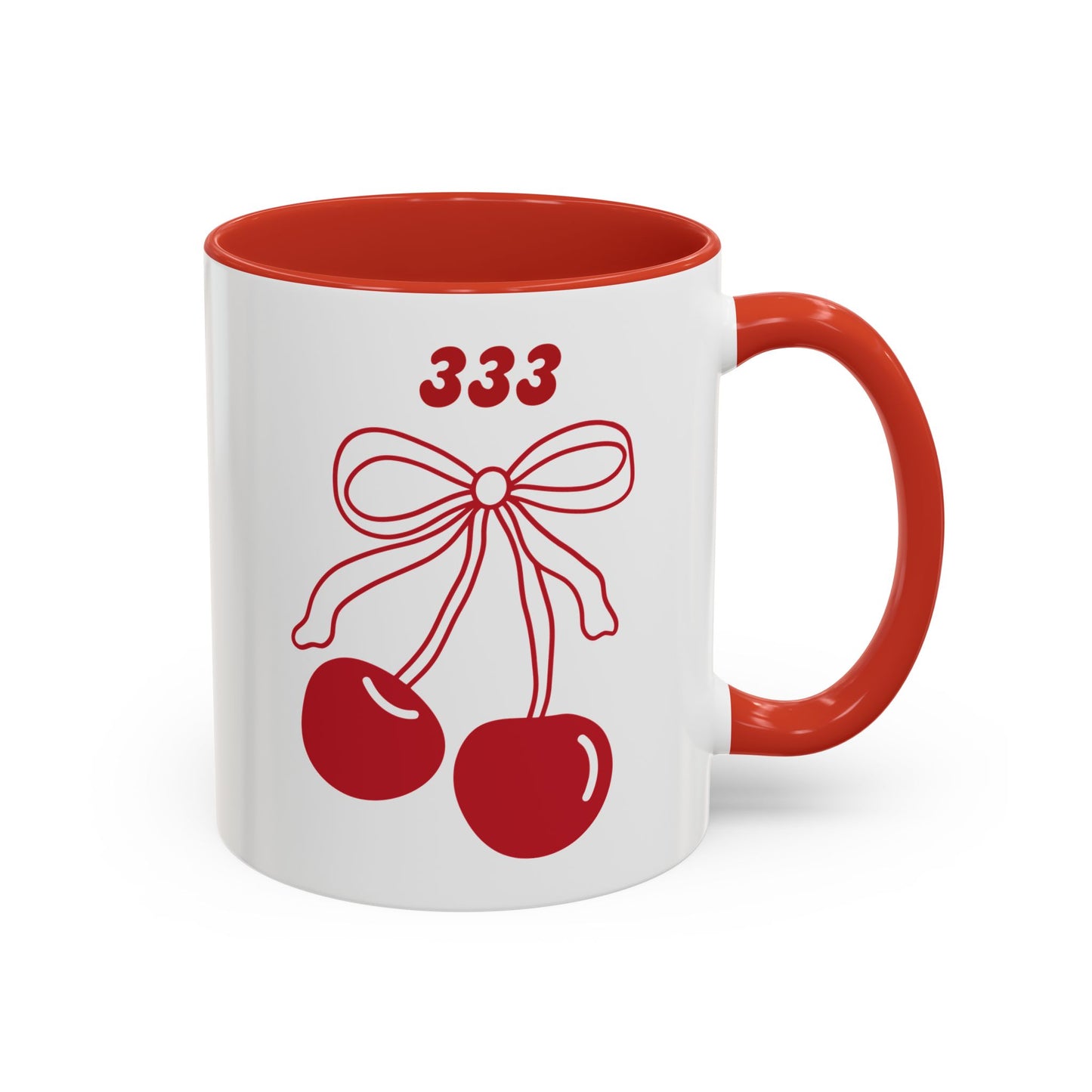 333 Angel Number Cherries Accent Mug – Coquette Bow | Kawaii Coffee Mug | 11oz 15oz — Black, Red, Navy, Pink, Light Blue