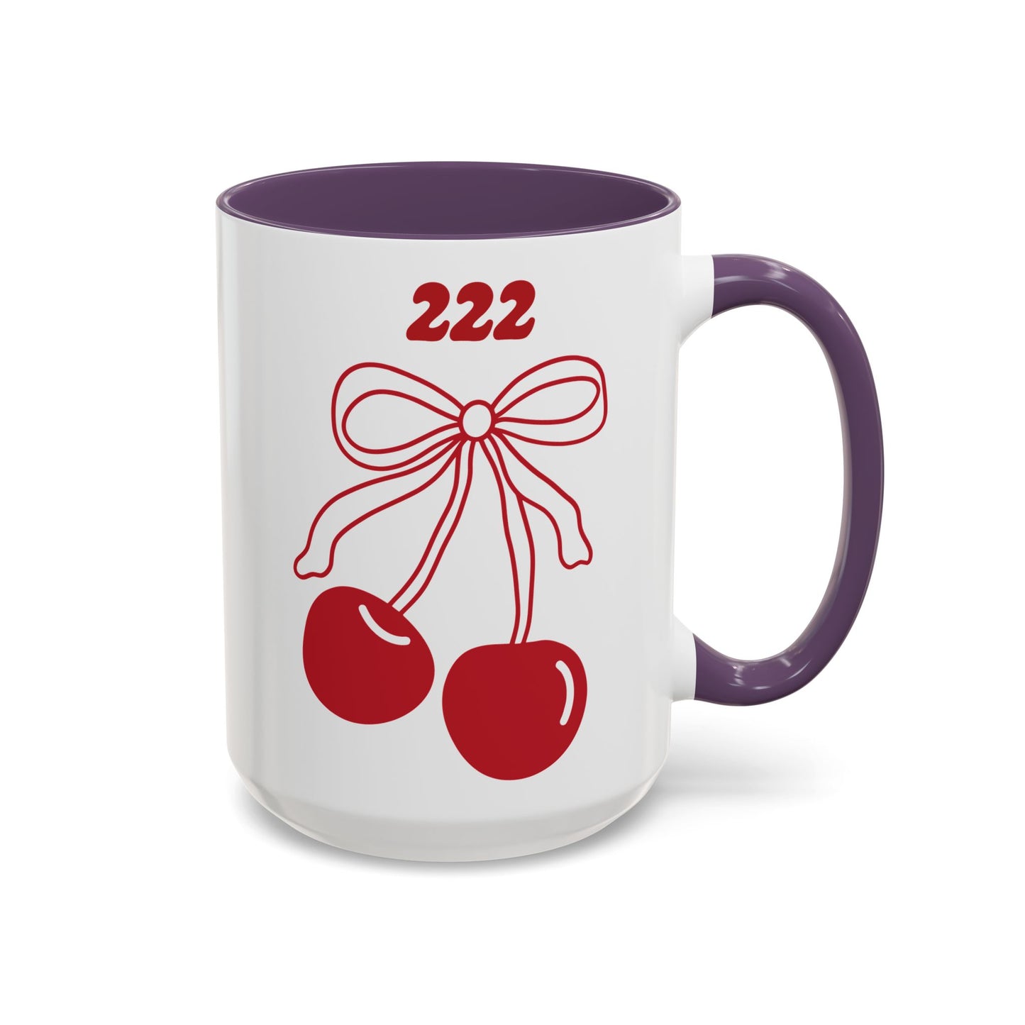 222 Angel Number Cherries Accent Mug – Coquette Bow Kawaii Coffee Mug | 11oz 15oz — Black, Navy, Pink, Red, Light Blue