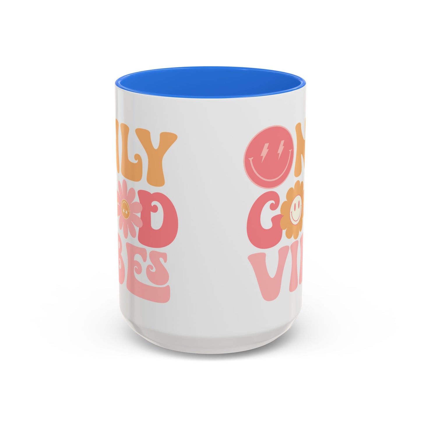 Only Good Vibes Accent Mug – Retro Bubble Letters & Flowers | 11oz 15oz Colored Handle