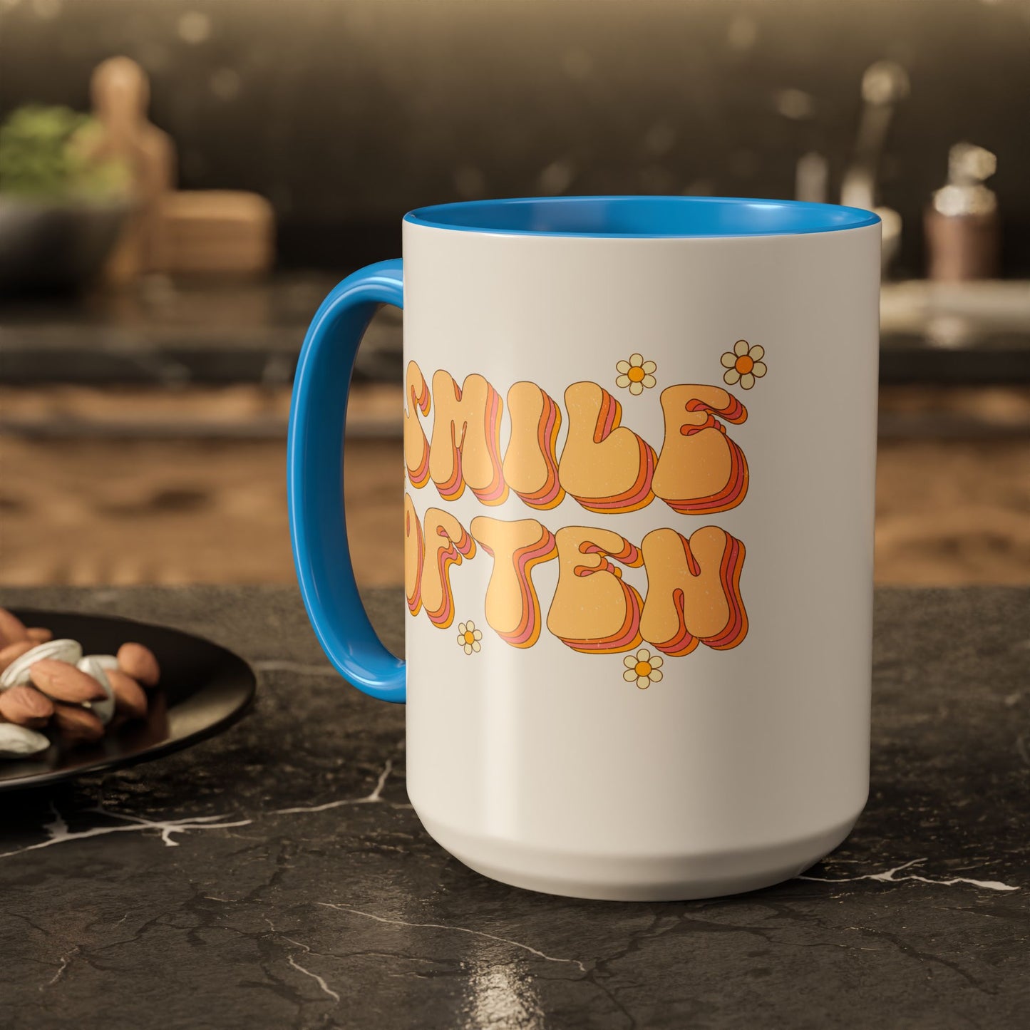 Smile Often Accent Mug – Retro Daisy Letters | 11oz 15oz colored Handle