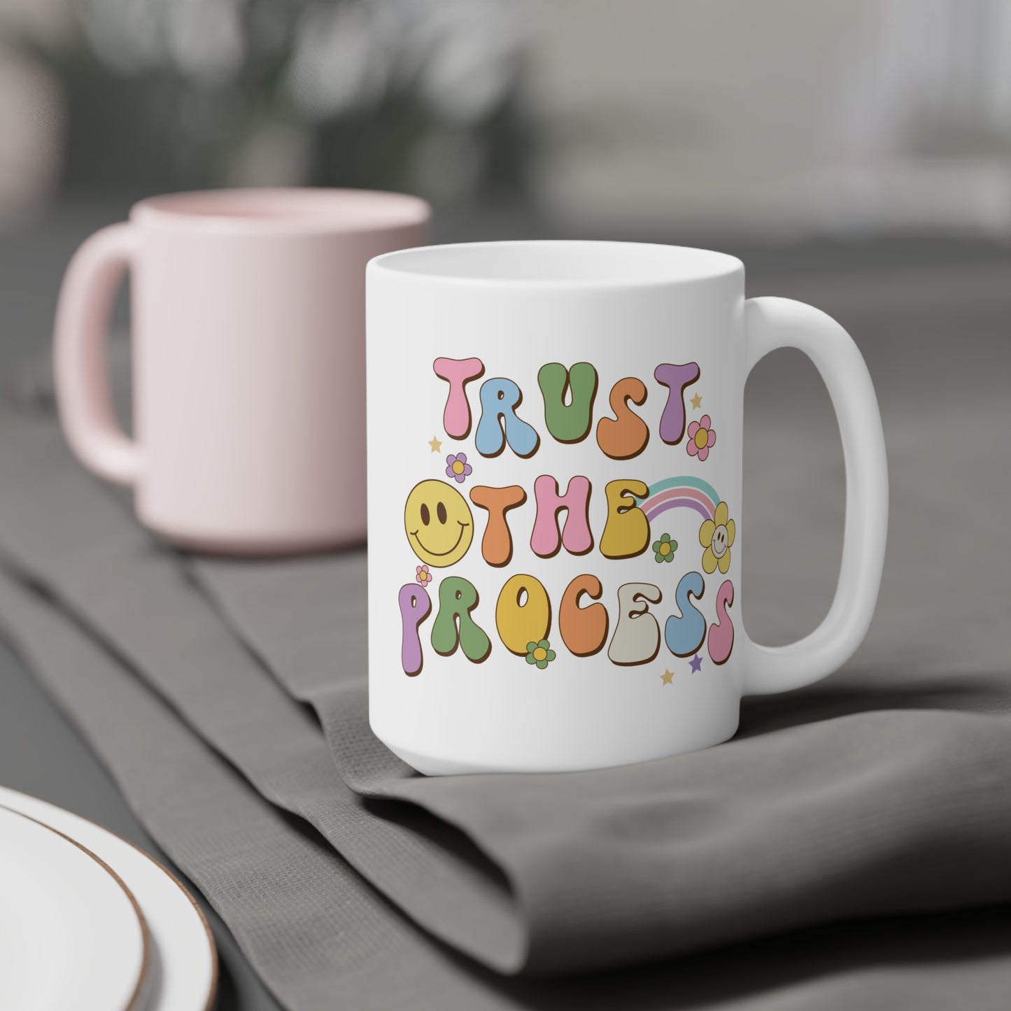 70s Retro Trust the Process Coffee Mug 20oz - Funky Multi-Color Ceramic Cup - Inspirational Motivation Drinkware - Gift for Goal Setters