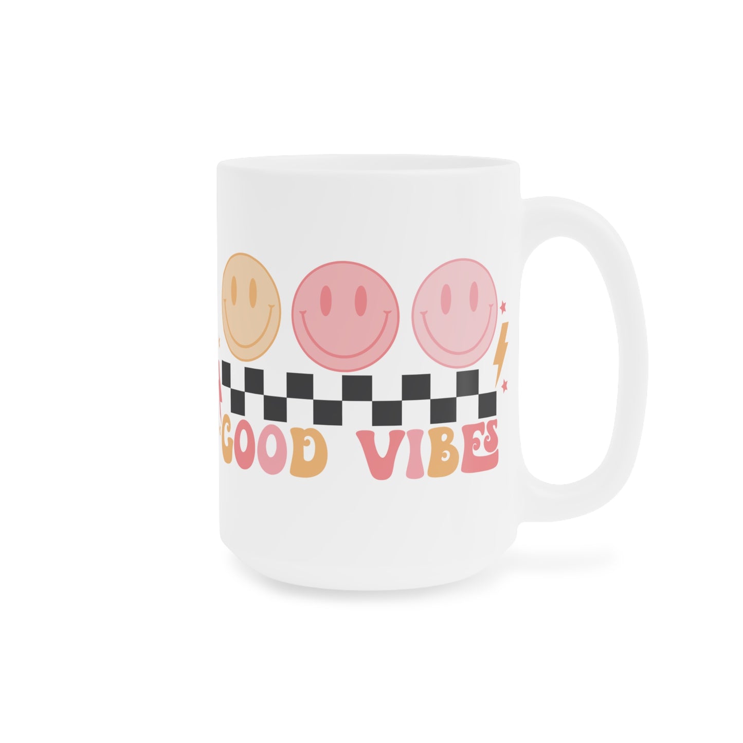 Good Vibes Psychedelic Coffee Mug 20oz - Pink Typography, Black-White Checkered with Smiling Faces - Retro Love, Radiate Positivity