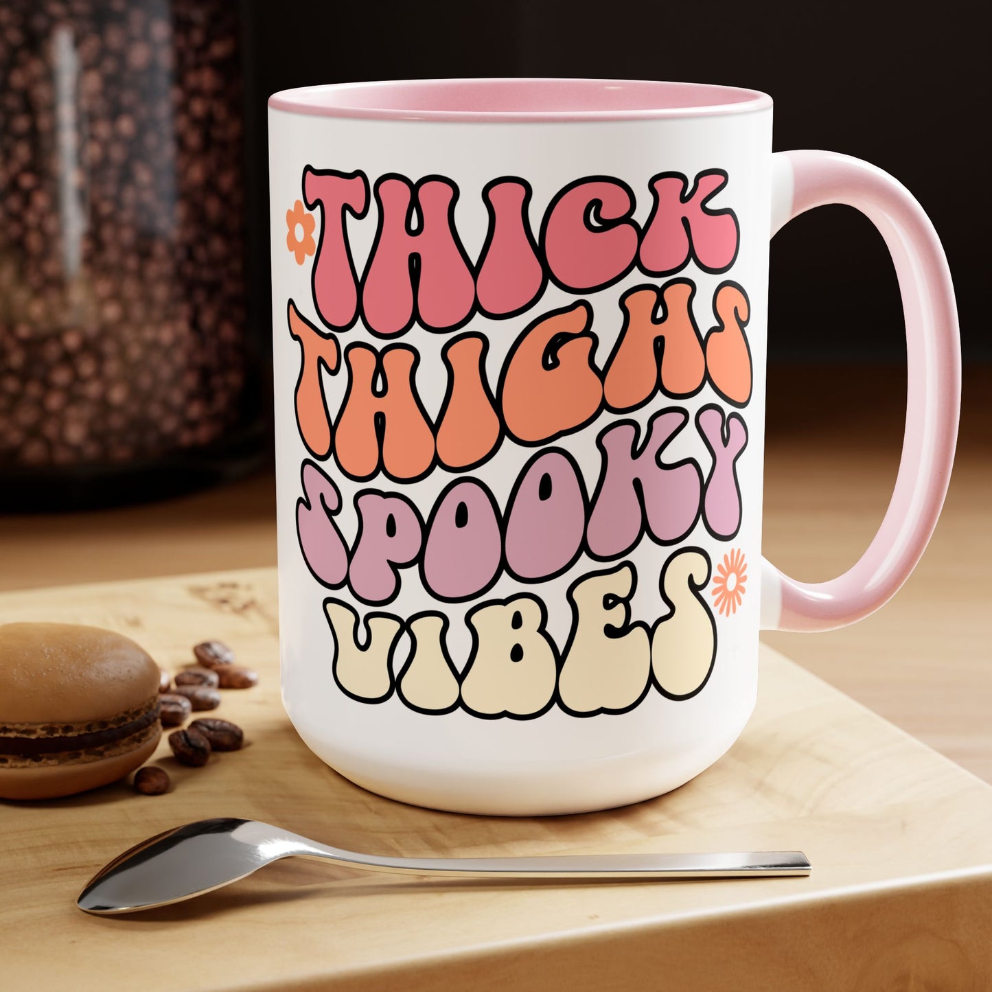 Thick Thighs Spooky Vibes Coffee Mug – Black Accent | Halloween Groovy Vibes