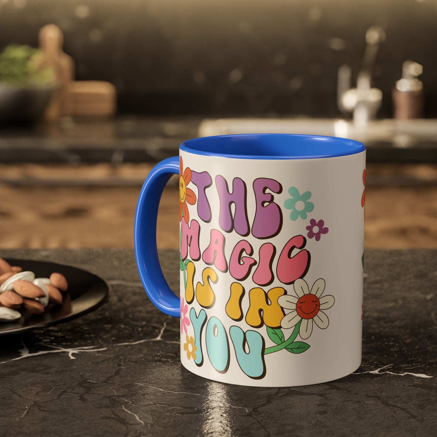 The Magic Is In You Accent Mug – Retro Flower Lettering | 11oz 15oz Colored Handle
