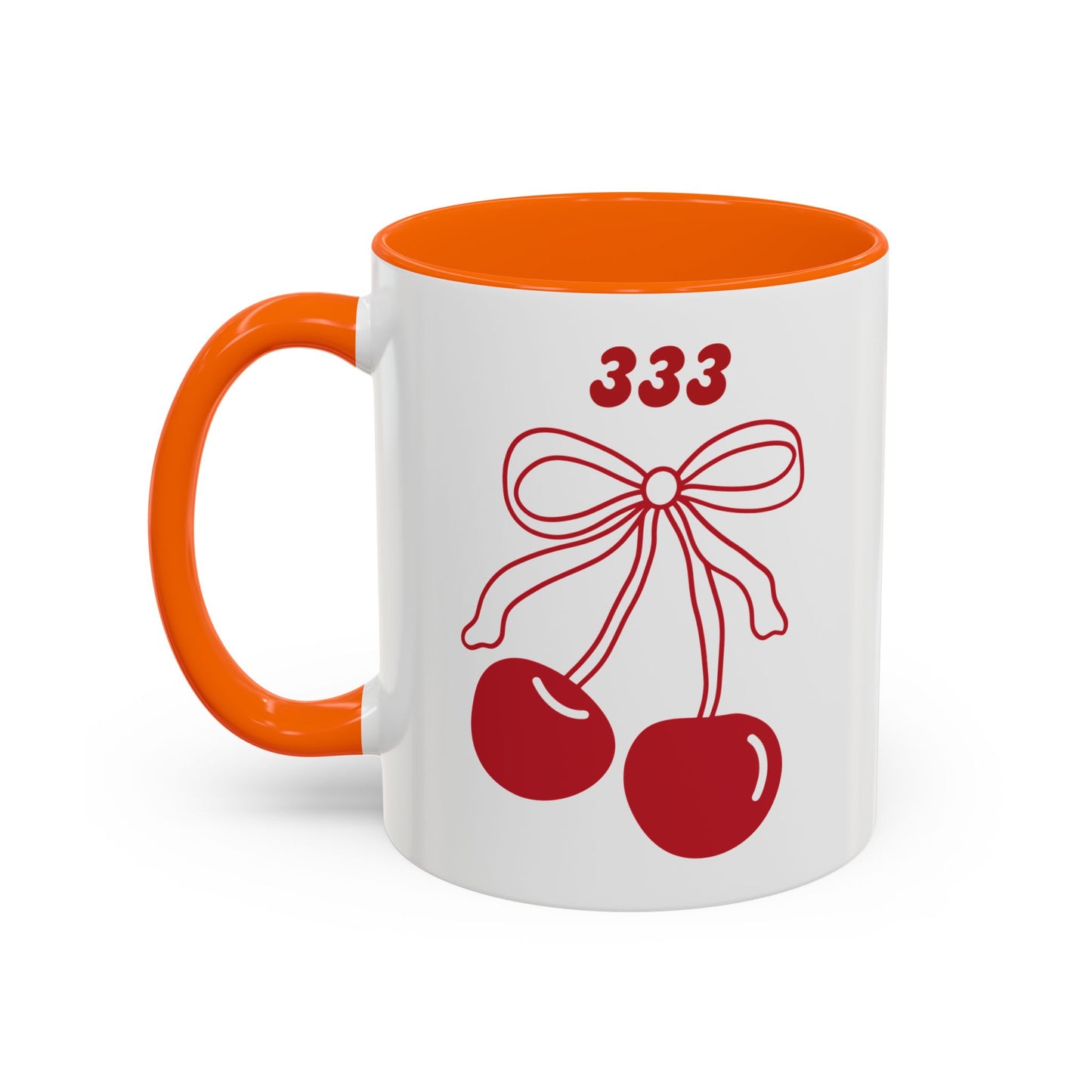 333 Angel Number Cherries Accent Mug – Coquette Bow | Kawaii Coffee Mug | 11oz 15oz — Black, Red, Navy, Pink, Light Blue