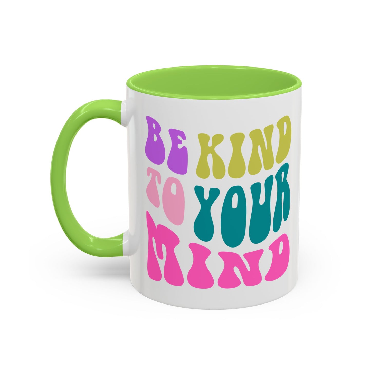 Be Kind To Your Mind Accent Mug – Retro Rainbow Letters | 11oz 15oz Colored Handle