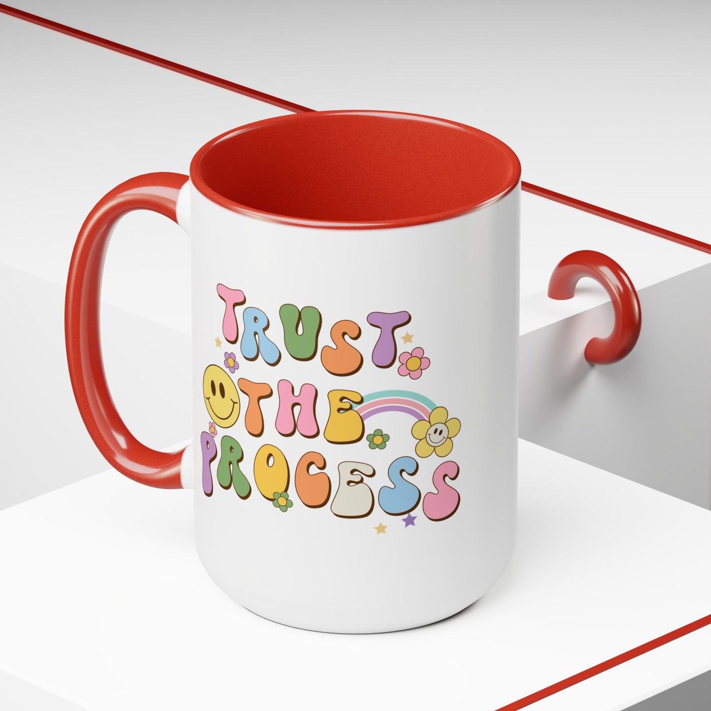 70s Retro Trust the Process Coffee Mug 15oz - Funky Multi-Color Ceramic Cup - Inspirational Motivation Drinkware - Gift for Goal Setters