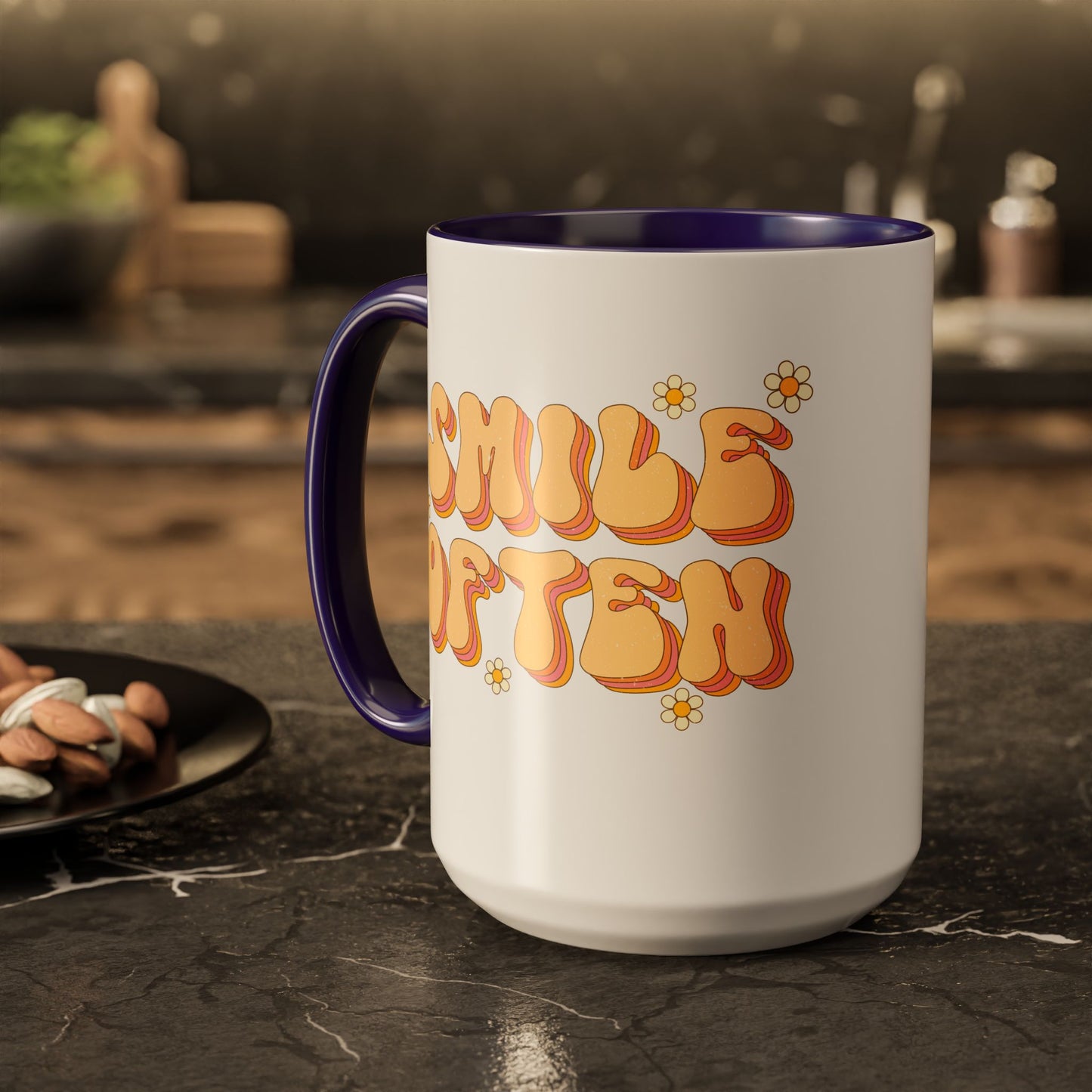 Smile Often Accent Mug – Retro Daisy Letters | 11oz 15oz colored Handle