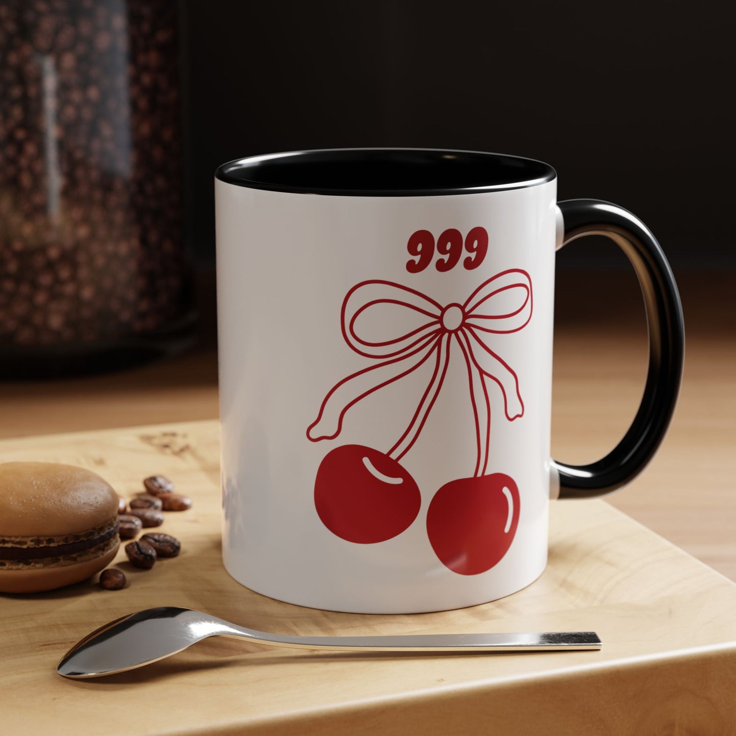 999 Angel Number Cherries Accent Mug – Coquette Bow Kawaii | 11oz 15oz — Black, Navy, Pink, Red, Light Blue, Orange
