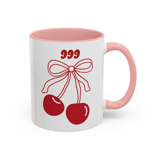 999 Angel Number Cherries Accent Mug – Coquette Bow Kawaii | 11oz 15oz — Black, Navy, Pink, Red, Light Blue, Orange