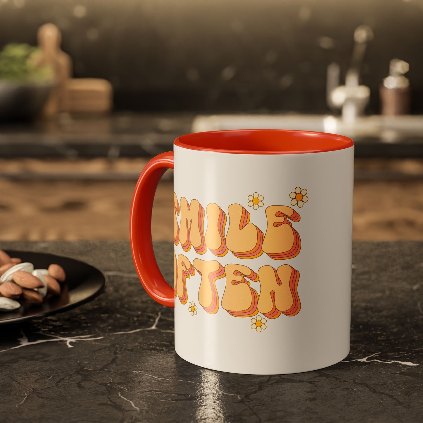 Smile Often Accent Mug – Retro Daisy Letters | 11oz 15oz colored Handle