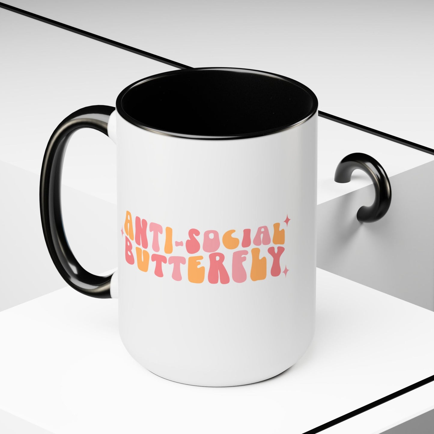 Anti-Social Butterfly Coffee Mug – Retro 70s Wavy Type | 15oz Accent