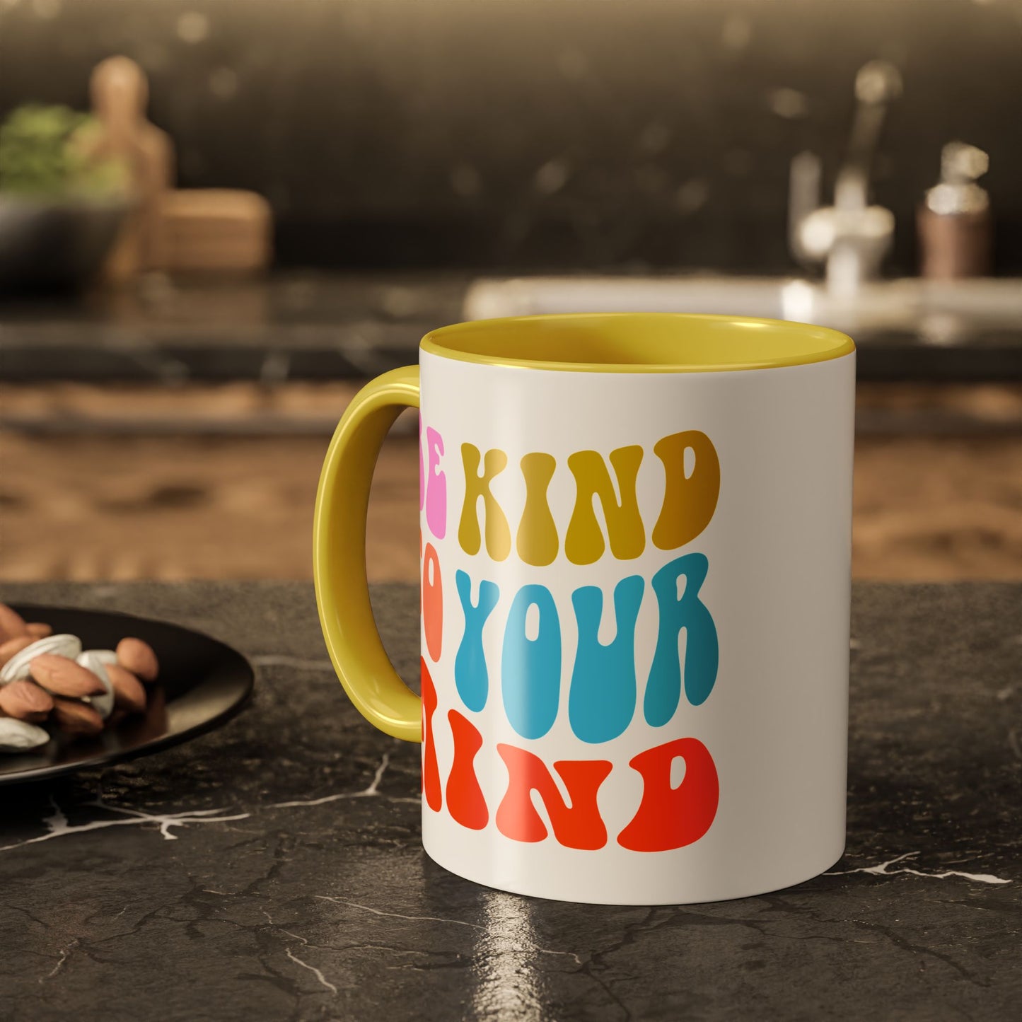 Be Kind To Your Mind Accent Mug – Retro Rainbow Letters | 11oz 15oz Multiple colors