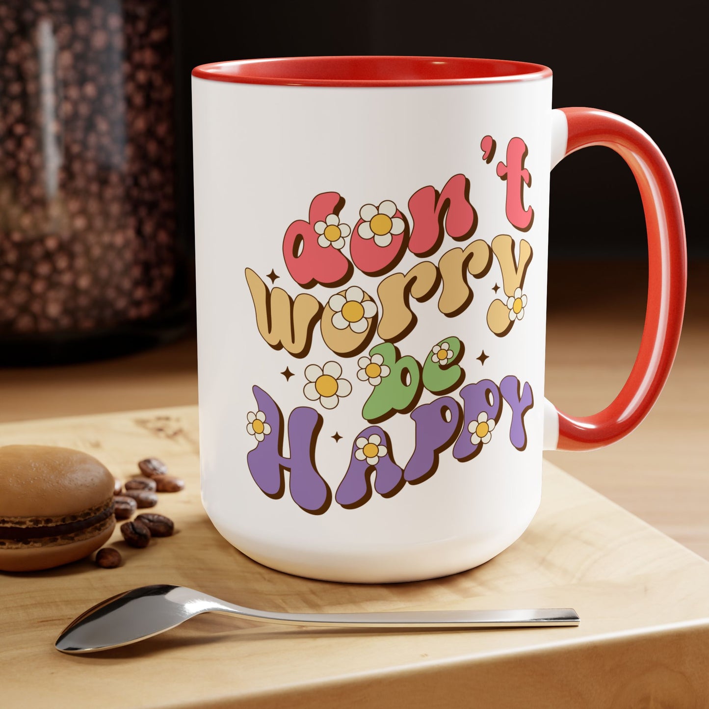 Groovy 70s Don't Worry Be Happy Coffee Mug 15oz - Retro Multicolor Wavy Font - Optimistic Message Cup - Joyful Gift, High Vibe Kitchenware