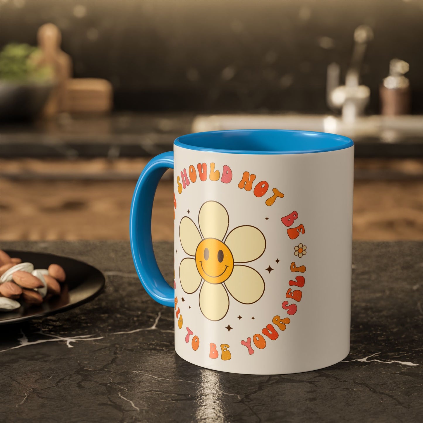 Don’t Be Afraid To Be Yourself Accent Mug – Smiley Flower | 11oz 15oz Colored Handle