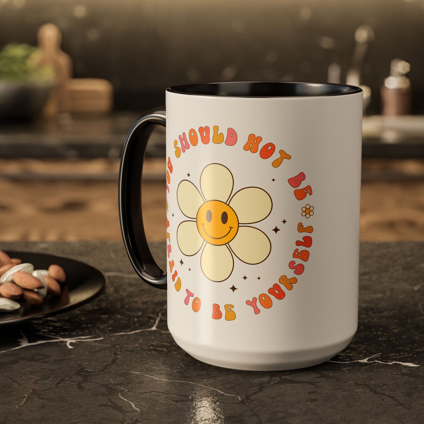 Don’t Be Afraid To Be Yourself Accent Mug – Smiley Flower | 11oz 15oz Colored Handle