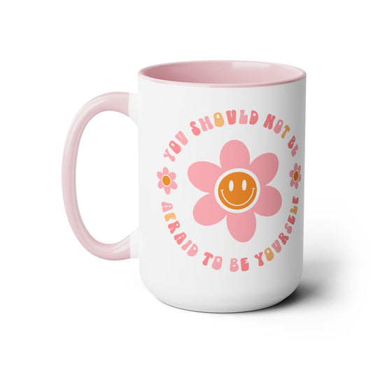 Don’t Be Afraid To Be Yourself Mug – 70s Flower-Power Smiley | 15oz Accent