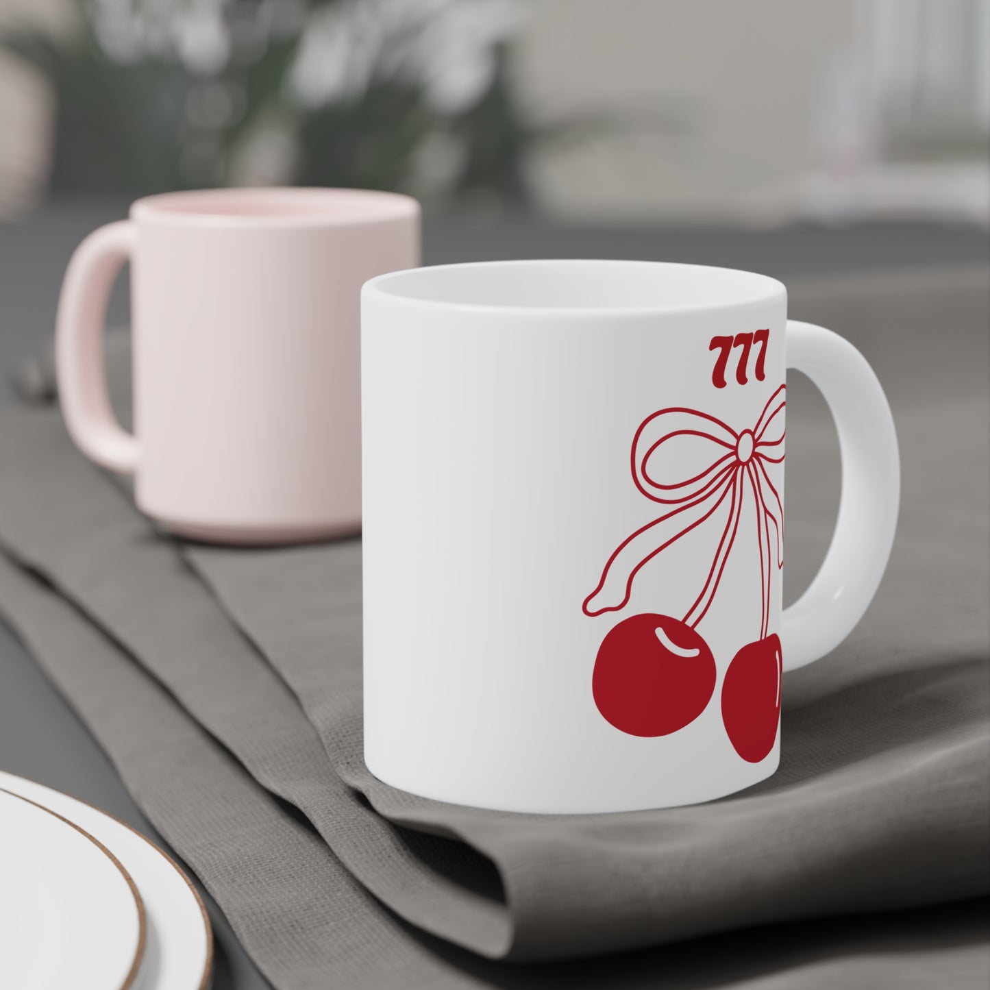 777 Angel Number Cherries Coffee Mug – Coquette Bow Kawaii | 11oz 15oz 20oz White Ceramic