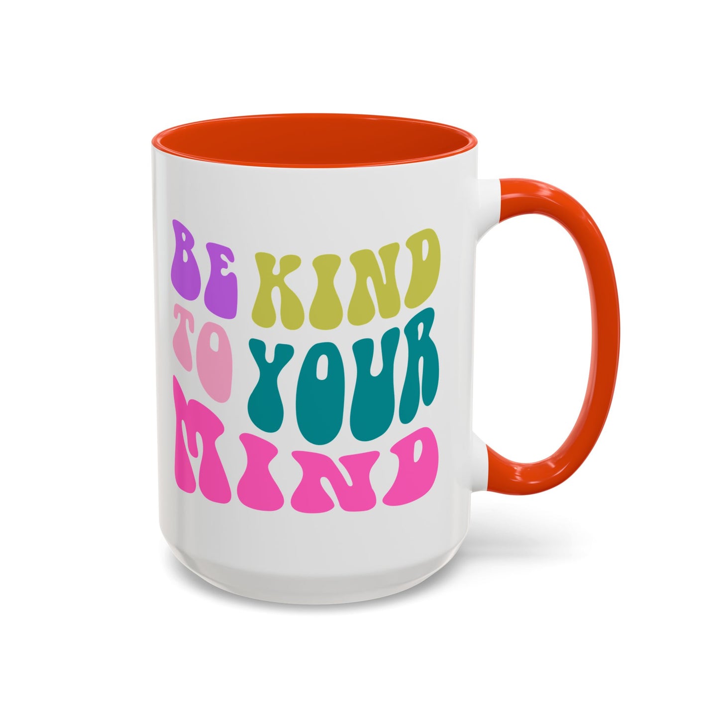 Be Kind To Your Mind Accent Mug – Retro Rainbow Letters | 11oz 15oz Colored Handle
