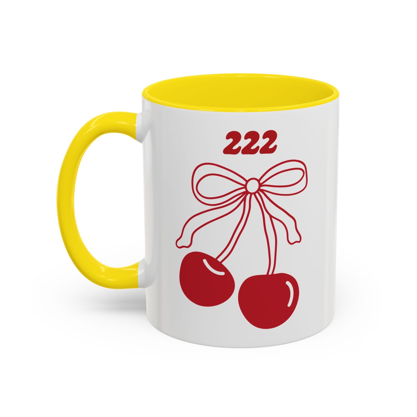 222 Angel Number Cherries Accent Mug – Coquette Bow Kawaii Coffee Mug | 11oz 15oz — Black, Navy, Pink, Red, Light Blue