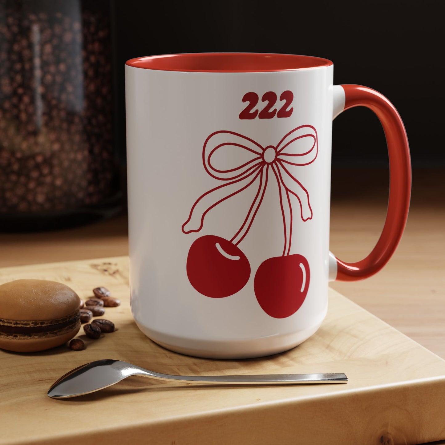 222 Angel Number Cherries Accent Mug – Coquette Bow Kawaii Coffee Mug | 11oz 15oz — Black, Navy, Pink, Red, Light Blue