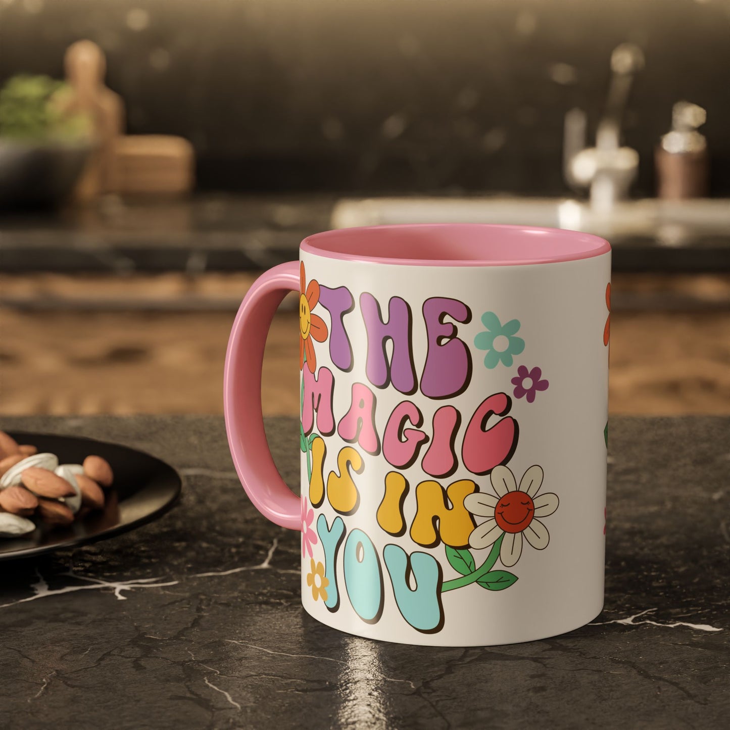 The Magic Is In You Accent Mug – Retro Flower Lettering | 11oz 15oz Colored Handle