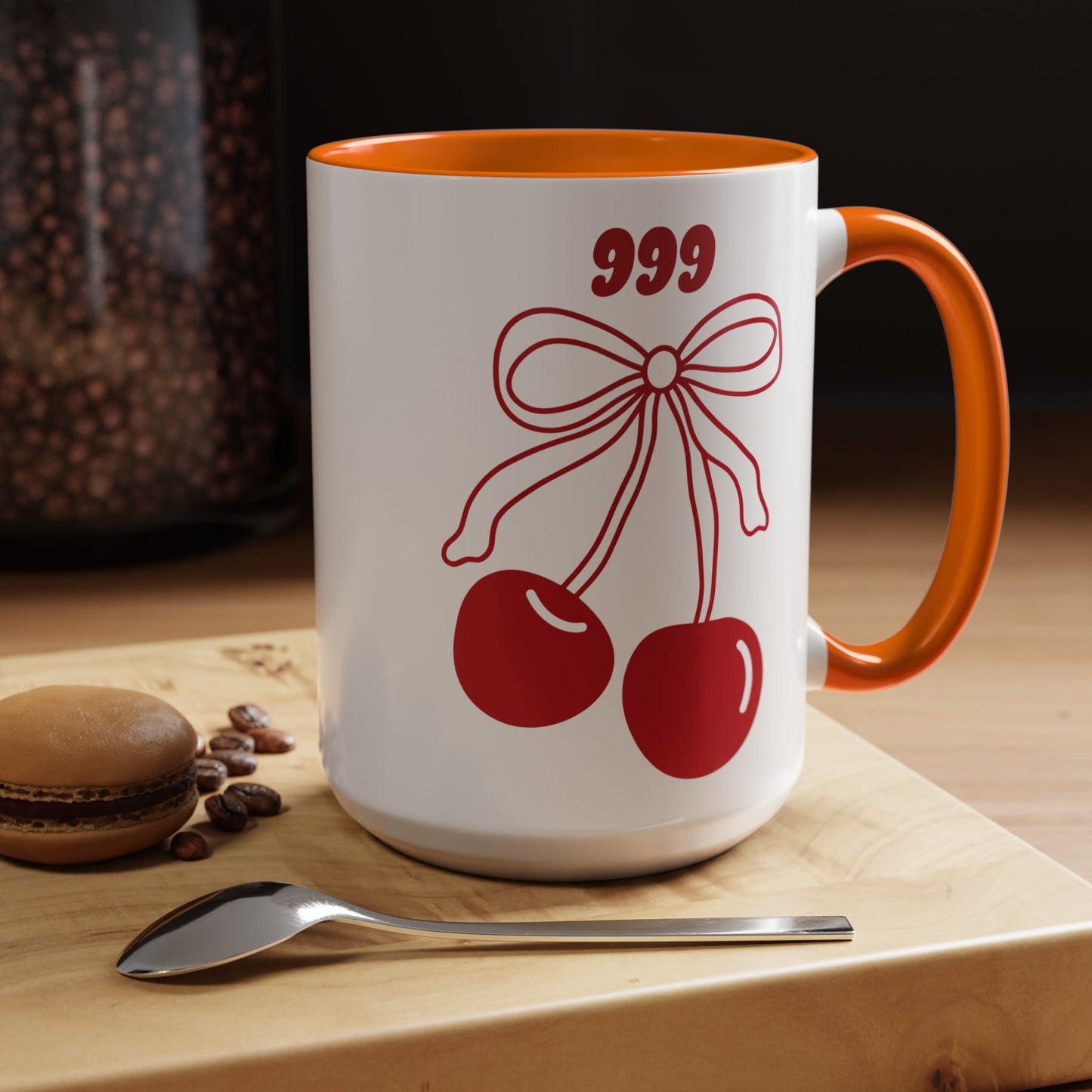 999 Angel Number Cherries Accent Mug – Coquette Bow Kawaii | 11oz 15oz — Black, Navy, Pink, Red, Light Blue, Orange