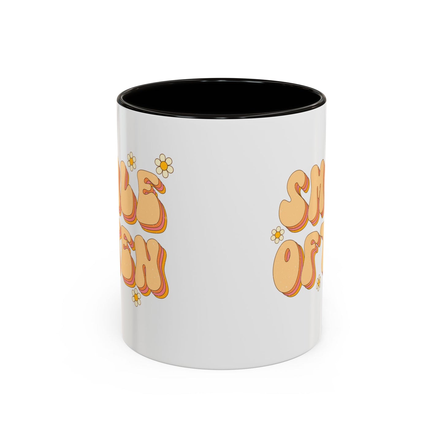 Smile Often Accent Mug – Retro Daisy Letters | 11oz 15oz colored Handle