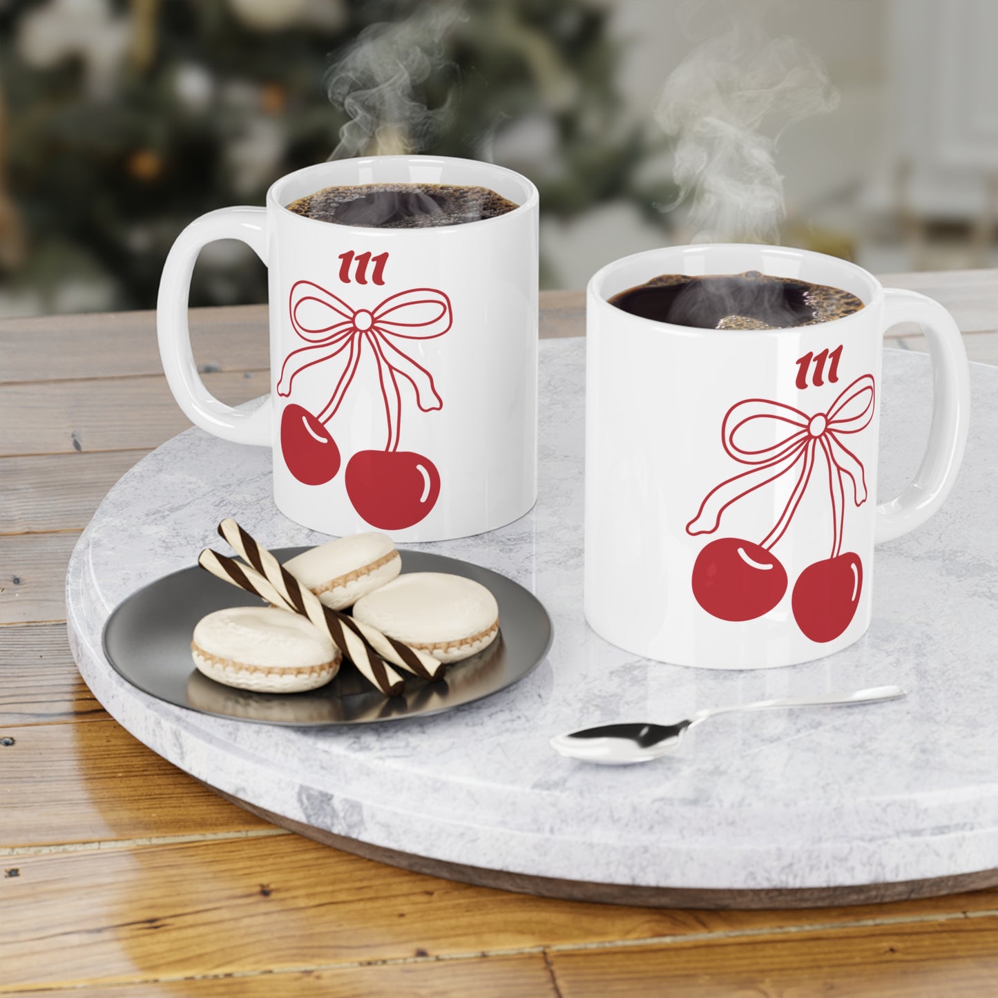 111 Angel Number Cherries Coffee Mug – Coquette Bow Kawaii Coffee Mug | 11oz 15oz 20oz White Ceramic