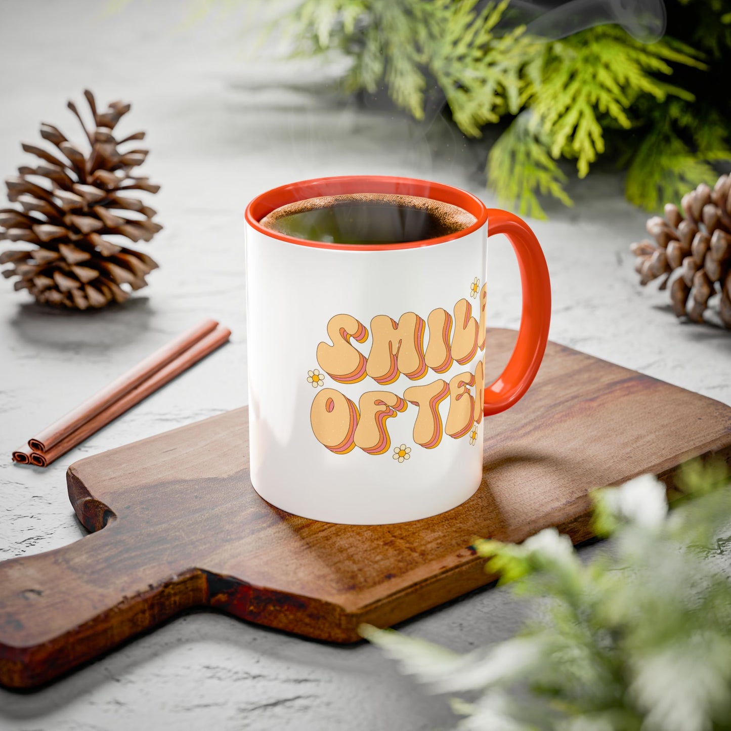 Smile Often Accent Mug – Retro Daisy Letters | 11oz 15oz colored Handle
