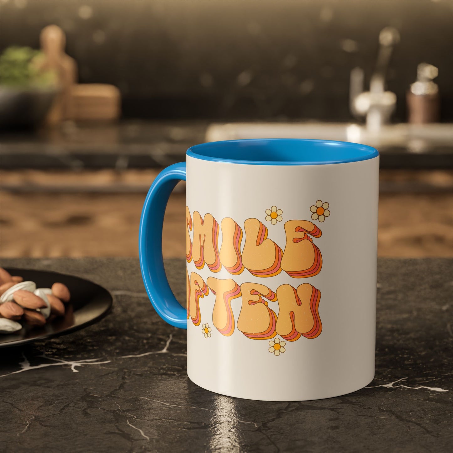Smile Often Accent Mug – Retro Daisy Letters | 11oz 15oz colored Handle