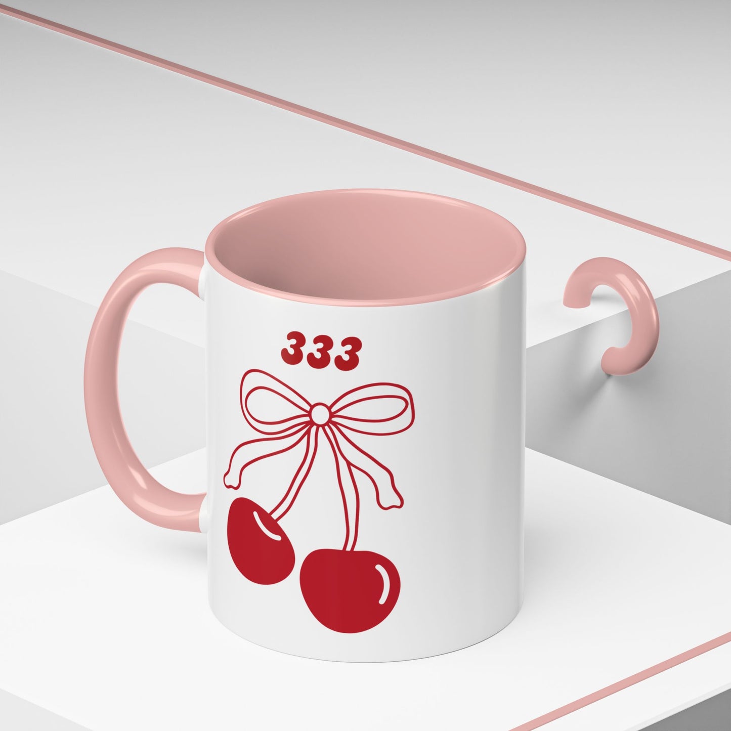 333 Angel Number Cherries Accent Mug – Coquette Bow | Kawaii Coffee Mug | 11oz 15oz — Black, Red, Navy, Pink, Light Blue