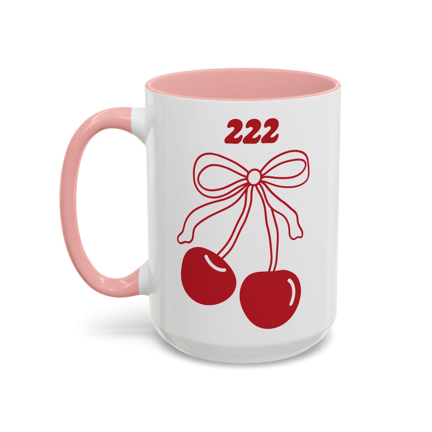 222 Angel Number Cherries Accent Mug – Coquette Bow Kawaii Coffee Mug | 11oz 15oz — Black, Navy, Pink, Red, Light Blue
