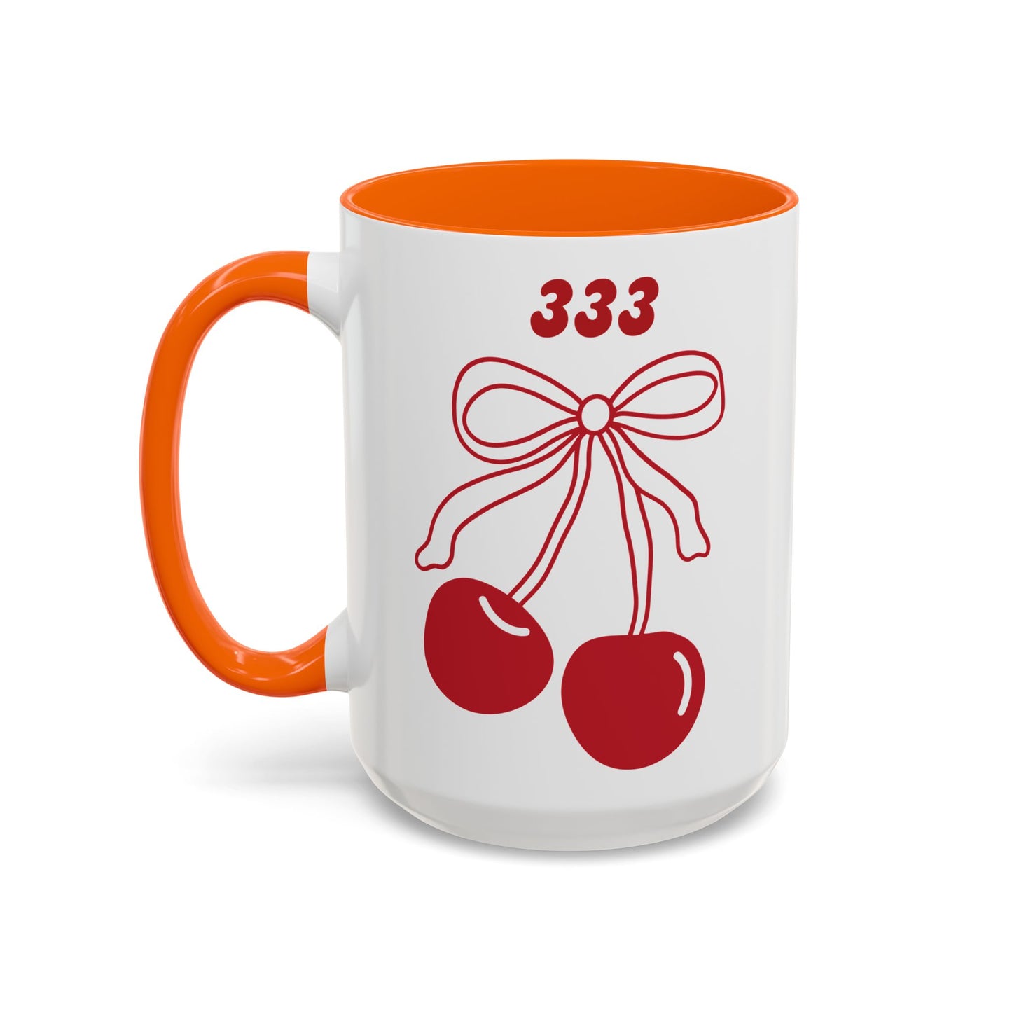 333 Angel Number Cherries Accent Mug – Coquette Bow | Kawaii Coffee Mug | 11oz 15oz — Black, Red, Navy, Pink, Light Blue