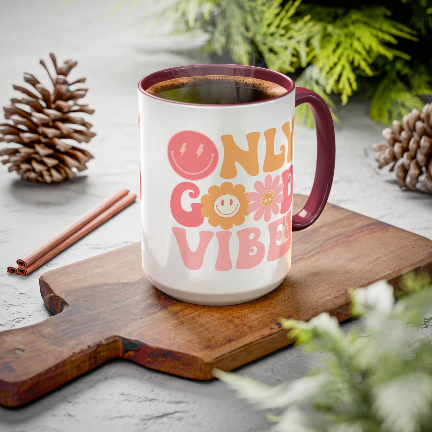 Only Good Vibes Accent Mug – Retro Bubble Letters & Flowers | 11oz 15oz Colored Handle