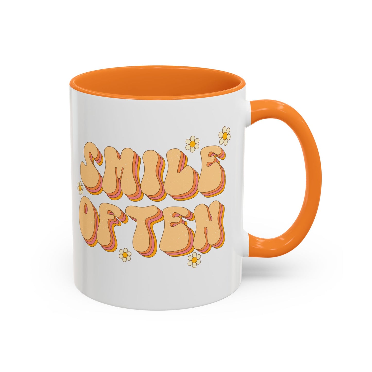 Smile Often Accent Mug – Retro Daisy Letters | 11oz 15oz colored Handle