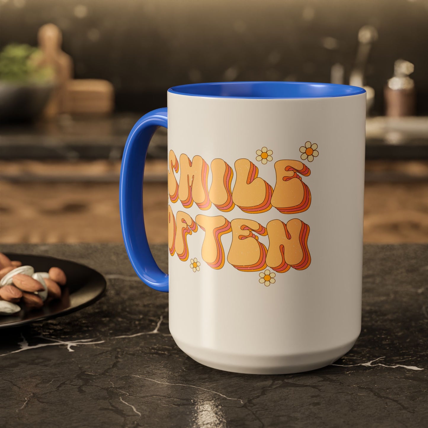 Smile Often Accent Mug – Retro Daisy Letters | 11oz 15oz colored Handle