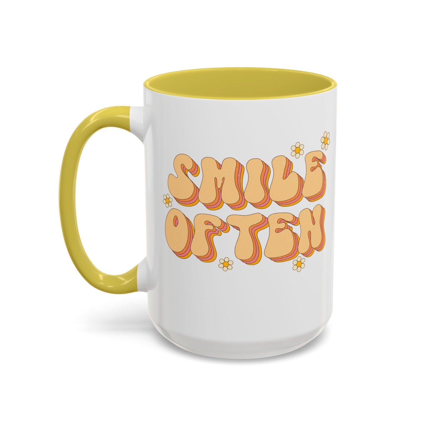 Smile Often Accent Mug – Retro Daisy Letters | 11oz 15oz colored Handle