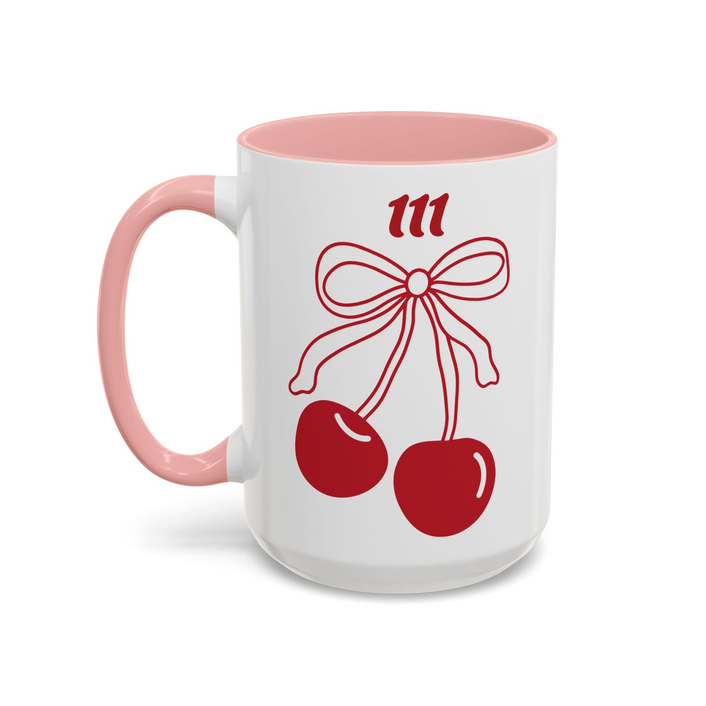 111 Angel Number Cherries Accent Mug – Coquette Bow Kawaii Coffee Mug Aesthetic | 11oz 15oz — Pink, Black, Purple, Yellow, Light Blue