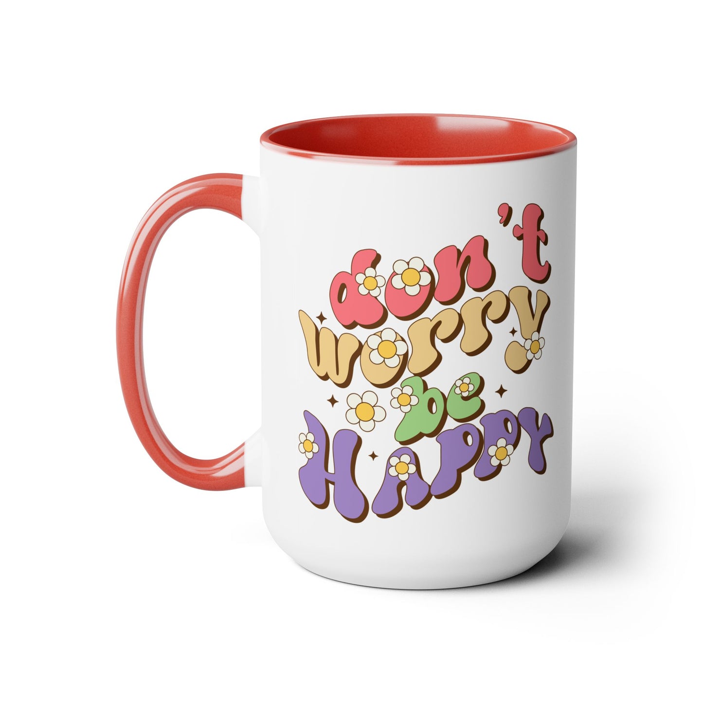 Groovy 70s Don't Worry Be Happy Coffee Mug 15oz - Retro Multicolor Wavy Font - Optimistic Message Cup - Joyful Gift, High Vibe Kitchenware