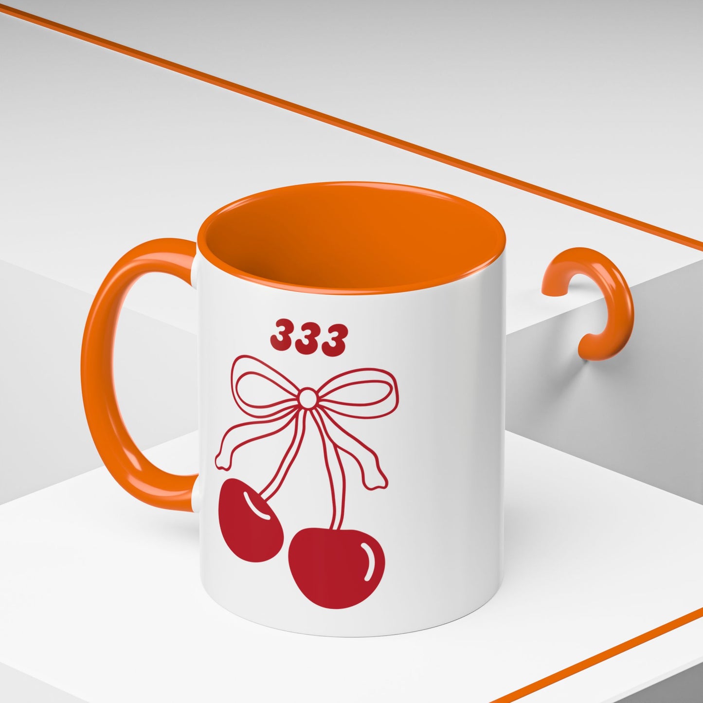 333 Angel Number Cherries Accent Mug – Coquette Bow | Kawaii Coffee Mug | 11oz 15oz — Black, Red, Navy, Pink, Light Blue