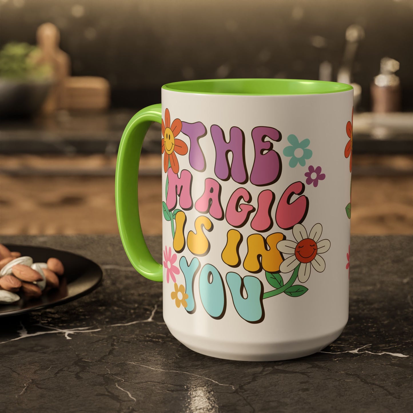 The Magic Is In You Accent Mug – Retro Flower Lettering | 11oz 15oz Colored Handle