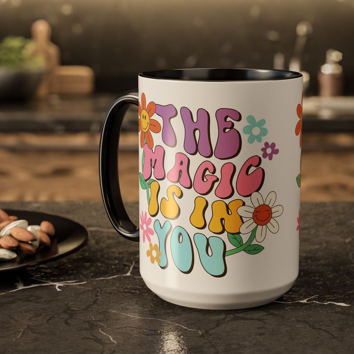 The Magic Is In You Accent Mug – Retro Flower Lettering | 11oz 15oz Colored Handle
