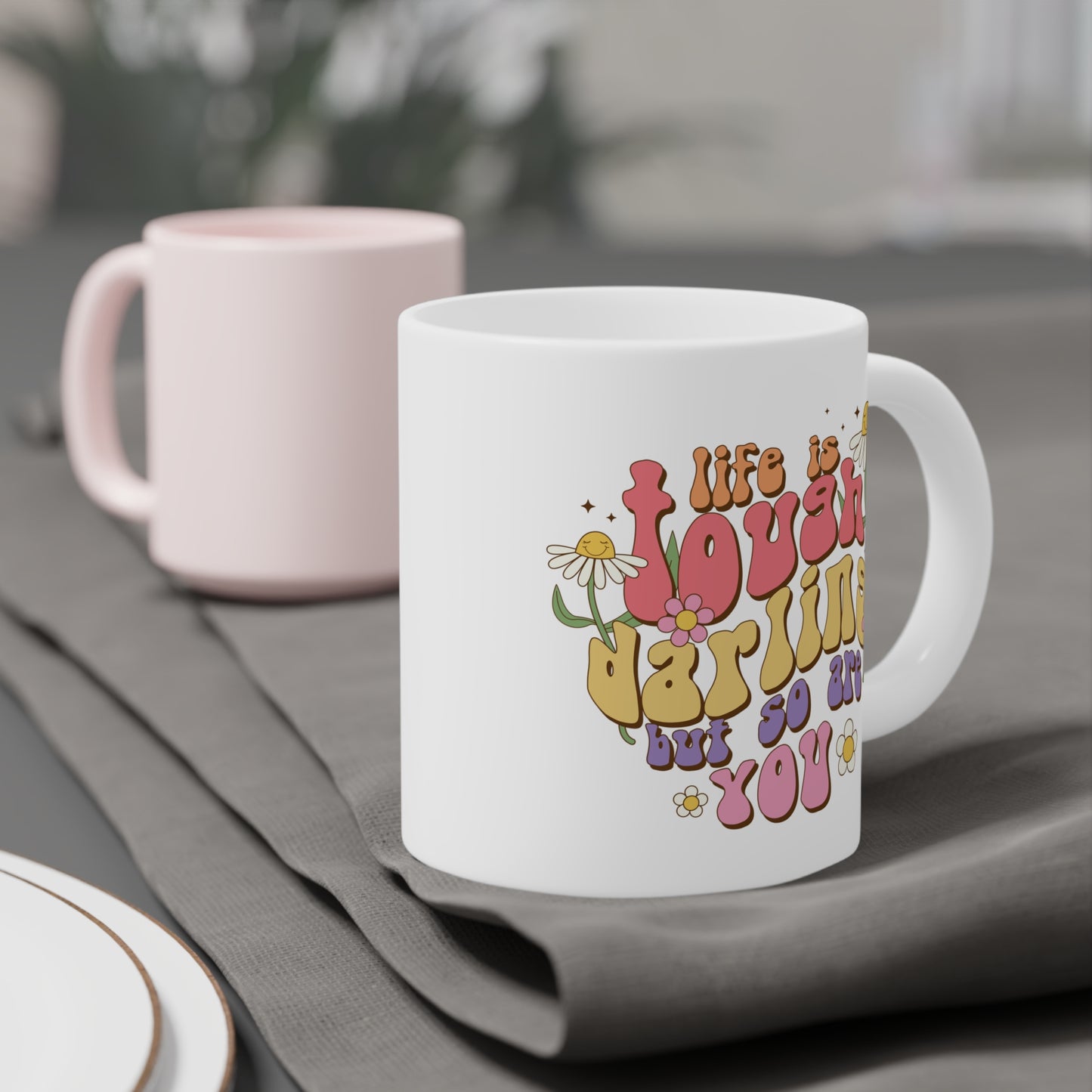 70s Groovy Life is Tough Darling Coffee Mug 20oz - Wavy Font, Multi-Color - Inspirational Resilience Gift, Vintage Style Drinkware