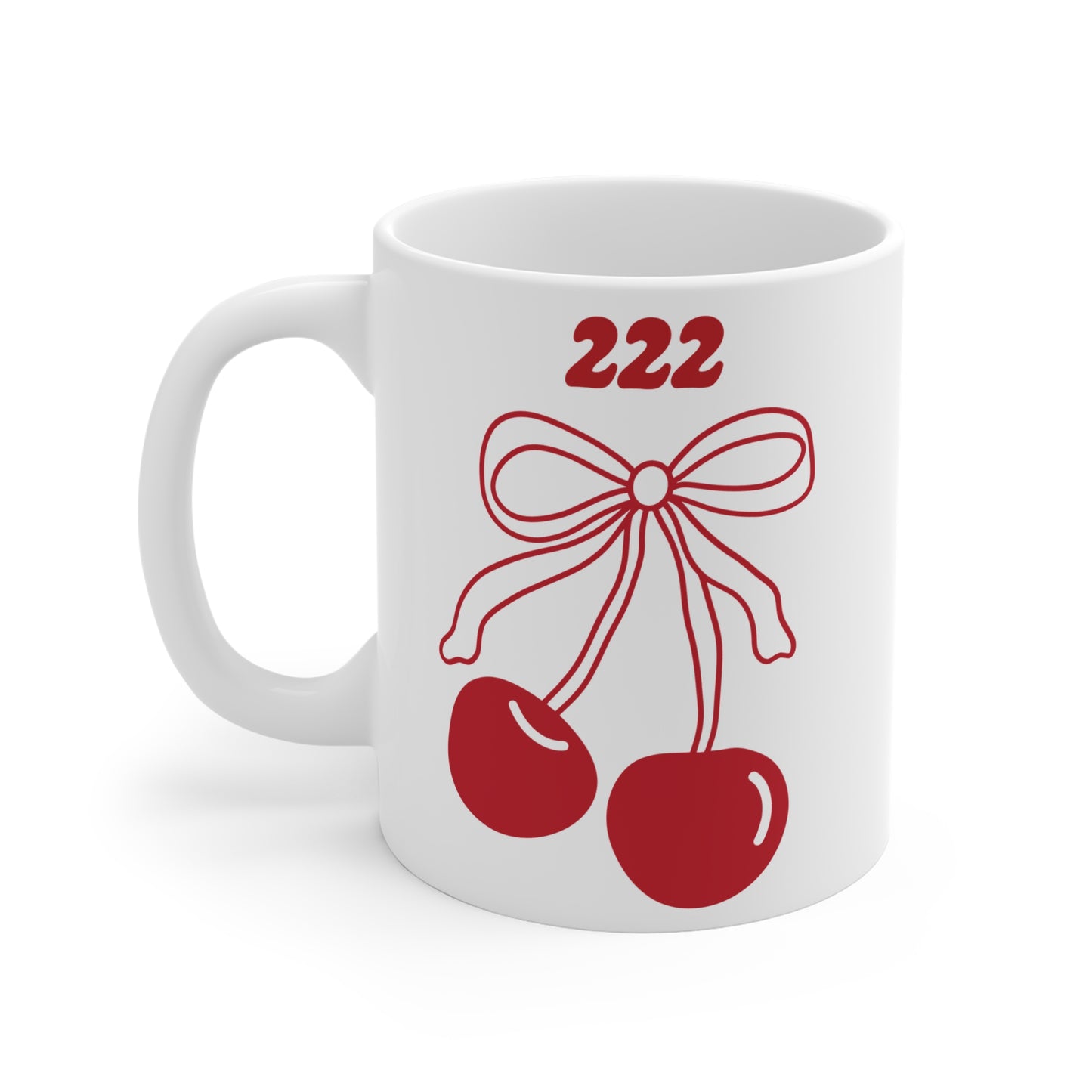222 Angel Number Cherries Coffee Mug – Coquette Bow Minimal | Kawaii Coffee Mug | 11oz 15oz 20oz White Ceramic