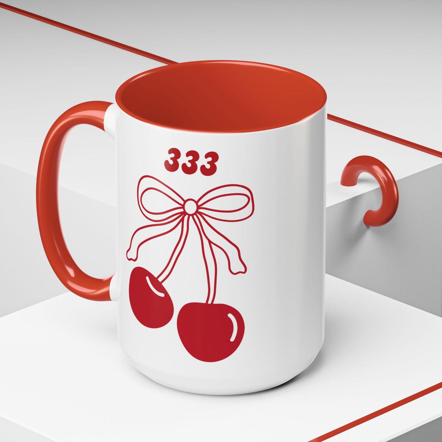 333 Angel Number Cherries Accent Mug – Coquette Bow | Kawaii Coffee Mug | 11oz 15oz — Black, Red, Navy, Pink, Light Blue